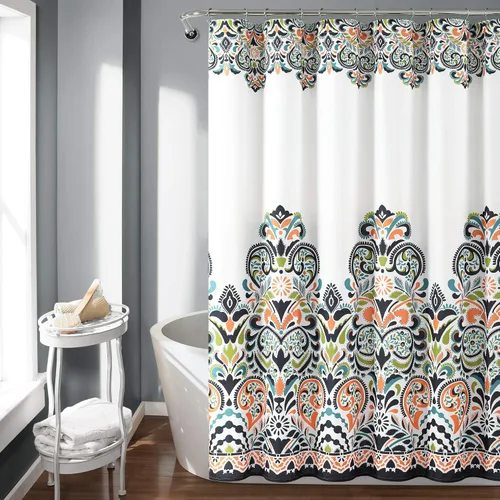 Lush Decor Cortina de ducha Clara azul marino y mandarina, tela colorida con estampado de damasco de cachemira bohemio, 72 x 72 pulgadas