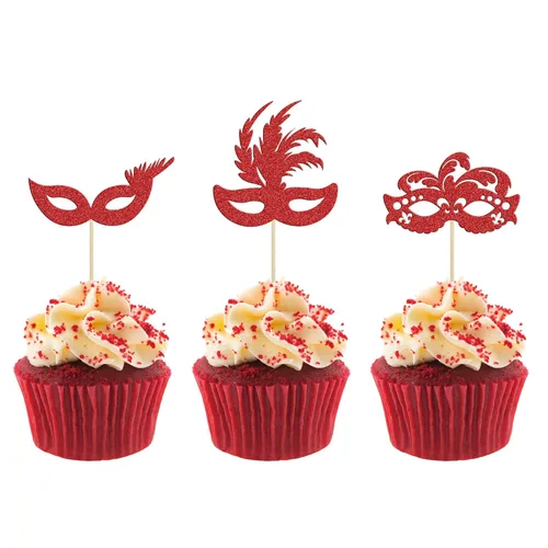 Gyufise 24 máscaras de mascarada para cupcakes con purpurina roja, máscara de despedida de soltera para cupcakes, decoraciones para bailes de Rojo