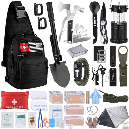 Kit de supervivencia, regalos para Navidad para hombres y mujeres, 251 piezas de equipo de supervivencia de emergencia y suministros, kit de Negro