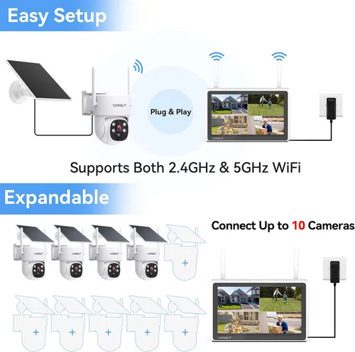 Miniatura 5 de Cámaras de seguridad solares inalámbricas para exteriores con monitor de 10 pulgadas, sistema de cámara solar 2K de 4 piezas, PTZ de 360°, visión