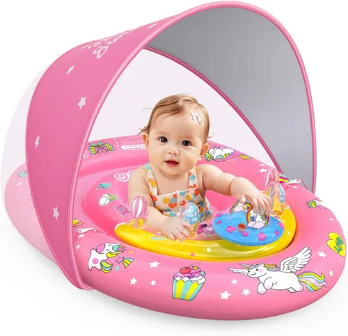 Miniatura 10 de EZIGO Baby Pool Float with Canopy UPF 50+ Sun Protection, Double Air Chambers Infants Swimming Floats with Sound Toys Adjustable Safety Seat Toddler