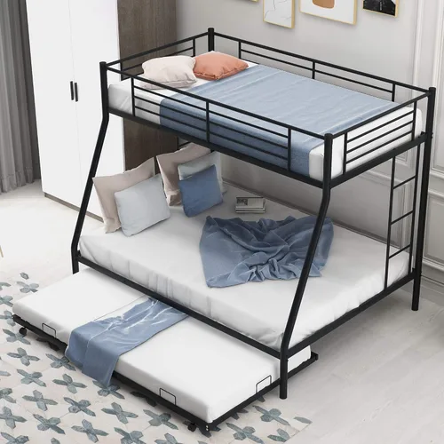 Miniatura 3 de KLMM Literas de metal de tamaño individual sobre matrimonial con 2 escaleras y cama nido para niños, adolescentes y adultos, (negro)