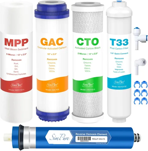 SimPure Juego de filtros de repuesto de ósmosis inversa de 5 etapas con membrana RO de 75 GPD, kit de 5 piezas de cartuchos de reemplazo previo y