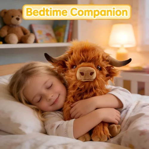 Miniatura 6 de OROZCOR Animal de Peluche de Vaca Highland, Lindos Juguetes de Figuras de Peluche de Vaca Esponjosa, Decoración de Peluche de Ganado Highland