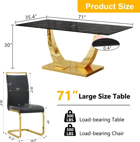 Miniatura 2 de Juego de Mesa de Comedor Negra para 6, Mesa de Comedor de Mármol Falso de 71" para 6, Juego de Mesa de Cocina Rectangular con Sillas de Cuero PU