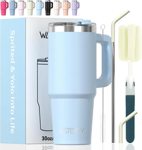 Miniatura 19 de Vaso de 20 oz con asa, vaso con tapa y pajita, vaso de doble pared con aislamiento de acero inoxidable para viajes (frío durante 34 horas), botella