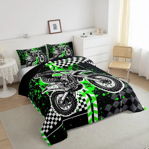 Miniatura 5 de Feelyou Kids Green Dirt Bike Duvet Insert Twin Size, Extreme Sports Comforter Set Boys Girls Motorbike Bedding Set Teens Bedroom Decor Microfiber