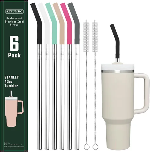 Paquete de 6 popotes rectos de acero inoxidable reutilizables de 12 pulgadas, con 6 puntas de silicona y 2 cepillos de limpieza para vaso Simple
