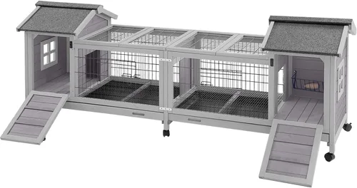Miniatura 15 de Aivituvin - Conejera de dos pisos con ruedas para conejos, jaula para conejos de interior y exterior con 2 bandejas profundas sin fugas