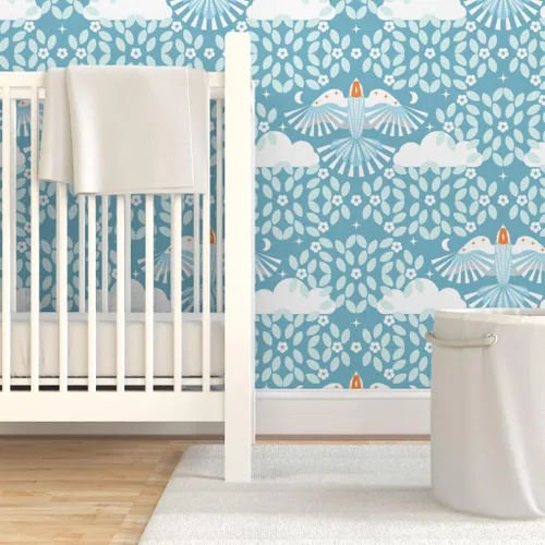 Miniatura 6 de Removable Wallpaper Swatch - Blue Sky Folk Art Orange Aqua Maximalist Magic Lucid Dreaming Scandi Scandinavian Mystical Large Custom Pre-Pasted