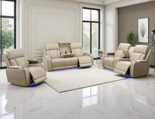 Miniatura 19 de Juego de Sofá Reclinable Eléctrico, Juego de Sofá y Sillón Reclinable de Cuero Negro, Juegos de Muebles de Sala de Estar, Sofá de Dos Plazas
