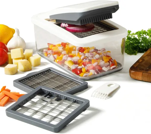 Miniatura 6 de Calphalon Aero Picadora de verduras, picadora de alimentos 5 en 1 con recipiente, cortador manual de verduras con cuchillas intercambiables de acero