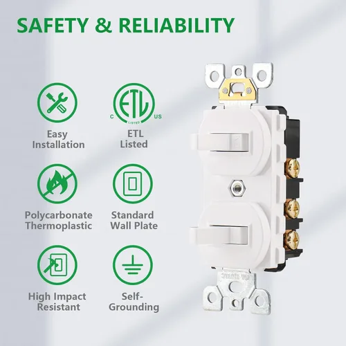 Miniatura 3 de Wengart Paquete de 2 interruptores de palanca doble, 15 amperios 120 V, interruptor de luz combinado 2 en 1, diseño que ahorra espacio para baño