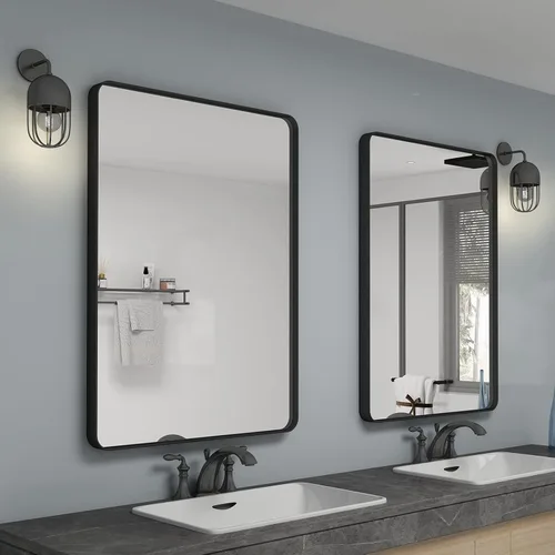Miniatura 42 de Paquete de 2 espejos de baño con marco de metal negro de 22 x 30 pulgadas, espejo rectangular redondeado negro mate, antioxidante, se cuelga