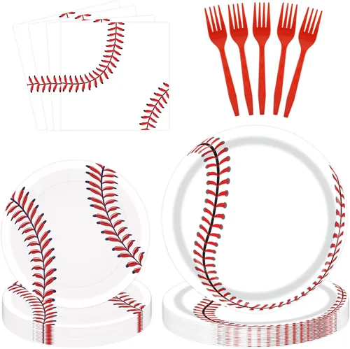 96 platos de papel de béisbol y servilletas para fiesta, platos de fiesta de béisbol, servilletas y tenedores, juego de vajilla desechable para