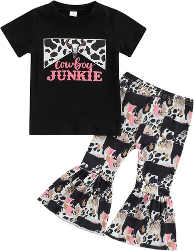 Miniatura 43 de fhutpw Conjunto de camiseta de manga corta con estampado de vaca y pantalones acampanados de dibujos animados para niñas