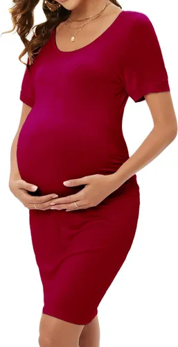 Miniatura 3 de ZIUMUDY Vestido ajustado de maternidad fruncido con cuello redondo y manga corta para baby shower, embarazo, vestido casual