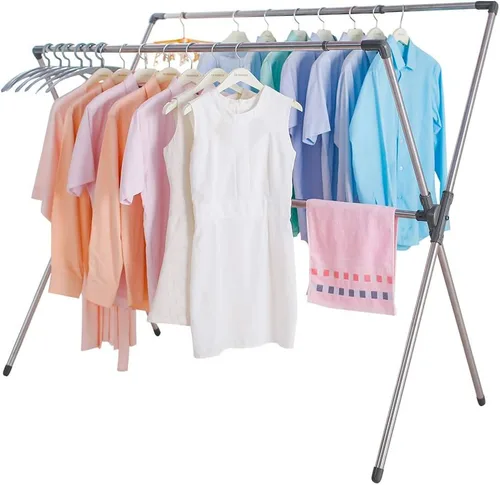 Miniatura 2 de BAOYOUNI Estante plegable de secado de ropa de acero inoxidable con doble poste, barras expandibles, ahorro de espacio, retráctil, resistente