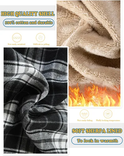 Miniatura 6 de IVUMA Camisas de algodón a cuadros de manga larga para hombre, chaqueta de franela con forro polar, camisas de franela Sherpa con botones y capucha