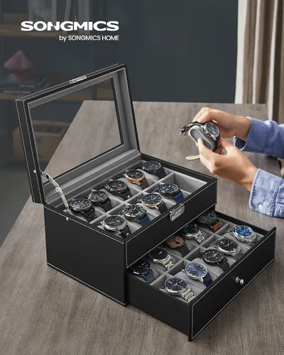 Miniatura 73 de SONGMICS UJWB012 - Caja de reloj de 12 ranuras, caja de reloj con cerradura con tapa de vidrio, 2 capas, con 1 cajón para anillos, pulseras, idea