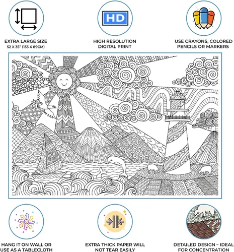 Miniatura 4 de Dekali Designs Seascape - Póster para colorear extra grande para adultos, 35 x 52 pulgadas, tamaño gigante en papel grueso de alta calidad