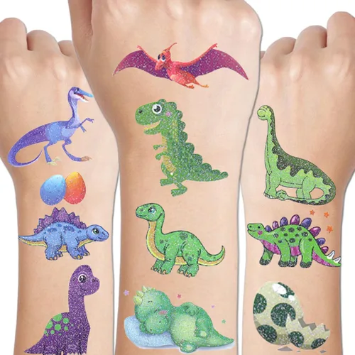 CHARLENT 110 estilos de tatuajes temporales de dinosaurios con purpurina para niños, 14 hojas de tatuajes de dinosaurios con purpurina para niños y