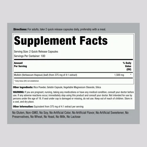 Miniatura 2 de Piping Rock Extracto de hoja de gordolobo 200 cápsulas Suplemento de hierbas Gordolobo Sin OMG, sin gluten