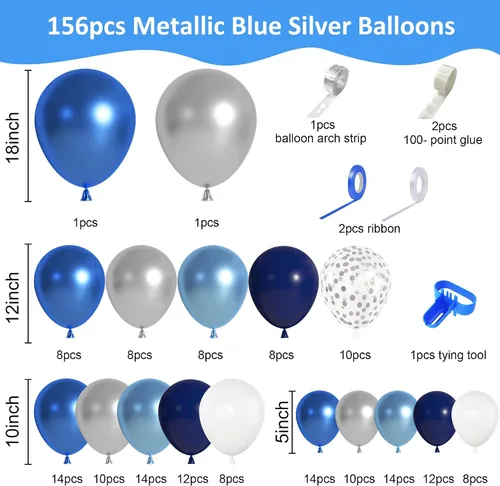 Miniatura 2 de Ouddy Life Kit de arco de guirnalda de 156 globos azules y plateados, azul marino, metálico, azul claro, plateado, blanco, confeti, para cumpleaños