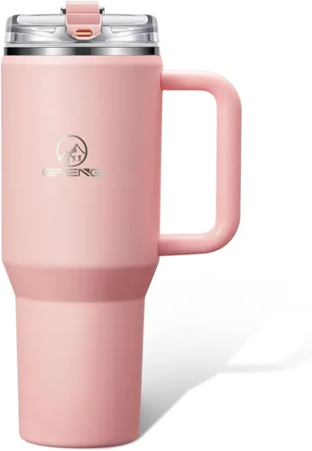 Miniatura 11 de Gpeng 30/40/50 oz Vaso con asa, botellas de agua con tapa de popote, taza de viaje de acero inoxidable aislada compatible con portavasos, mantiene