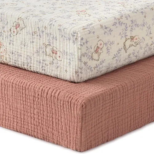 Miniatura 8 de Blissful Diary Sábanas de muselina para cuna para niñas, sábana de bebé de algodón suave bohemio para colchón de cuna estándar de 52 x 28 pulgadas