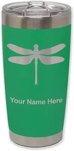 Miniatura 7 de LaserGram Vaso aislado al vacío de 20 onzas, libélula, grabado personalizado incluido (negro)