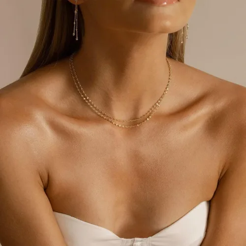 Miniatura 4 de Delicado collar de cadena para mujer, chapado en oro de 18 quilates, gargantilla de disco de moneda, collar simple de cadena trenzada con cuentas