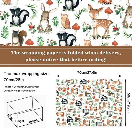 Miniatura 2 de AnyDesign 12 hojas de papel de regalo de criaturas del bosque, papel de regalo de eucalipto de animales de la selva, papel de arte plegado plano