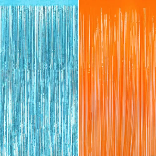 Paquete de 2 cortinas de flecos metálicos de aluminio azul y naranja para decoraciones de fiesta, cortina de fondo azul y naranja para fiesta de