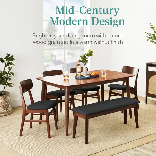 Miniatura 2 de Best Choice Products Juego de comedor de madera de 6 piezas, mesa moderna de mediados de siglo y sillas tapizadas con asiento de banco, patas