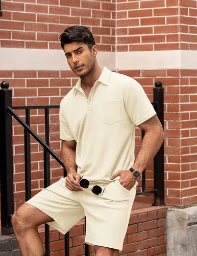 Miniatura 20 de COOFANDY Conjunto de camisa polo y pantalones cortos de punto gofre para hombre, conjunto de 2 piezas, traje de verano casual con bolsillos