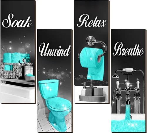 Miniatura 15 de Honoson 4 piezas de arte de pared de baño de gato negro y verde, decoración de pared de baño en negro y verde, para remojar y relajar, respirar