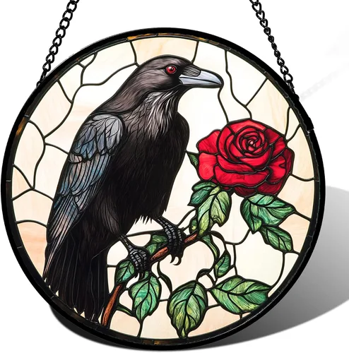 Miniatura 17 de Colgante de vitrales para colgar en la ventana, de cuervo negro, alas grandes para puertas, jardín, patio, pájaros, atrapasoles, decoración