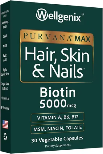 Wellgenix Purvana MAX Suplemento para la piel y las uñas – 5000 mcg de biotina con MSM y complejo B – Soporte para cabello más grueso, uñas más