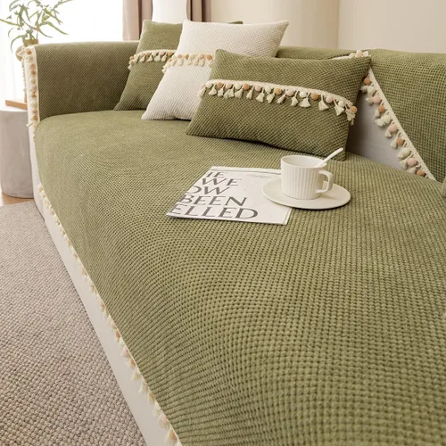 Miniatura 5 de vctops Funda de sofá bohemia con borlas con pompones, funda de sofá modular de pana súper suave, antideslizante, lavable, protector de muebles Verde