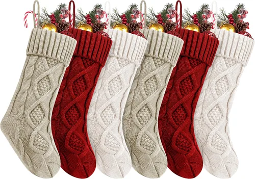 Miniatura 10 de Fesciory Calcetines de Navidad, paquete de 6 calcetines de punto grandes de 18 pulgadas y decoración para fiestas familiares de Navidad, borgoña