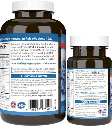 Miniatura 3 de Carlson - MCT y Omega-3, aceite de coco, ácidos caprílicos y cápricos, EPA y DHA, producción de energía, metabolismo de las grasas y salud cerebral