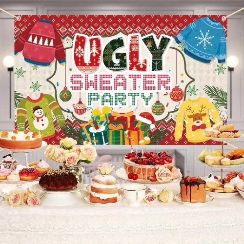 Miniatura 3 de AIBIIN Telón de fondo de fiesta de suéter feo para suéter de Navidad, decoración de fiesta, invierno, niños, fotomatón, pancarta de 6 x 3.6 pies