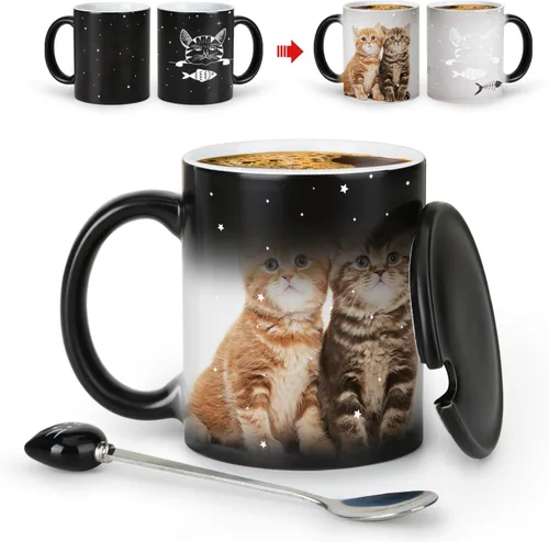 Tazas únicas para gatos, tazas de café que cambian de color de 11 onzas – The Fish is Delicious – Taza de Halloween con tapa negra y cuchara para la