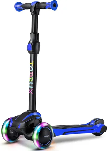 TONBUX Patinete para niños de 3 a 12 años, patinete para niños pequeños con 4 alturas ajustables, patinete de 3 ruedas con luces, diseño de Azul