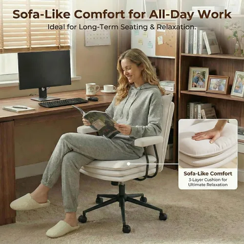 Miniatura 3 de Silla de oficina blanca con asiento ancho grueso de triple capa, silla de escritorio de cuero con respaldo medio con ruedas y brazos, silla de Blanco