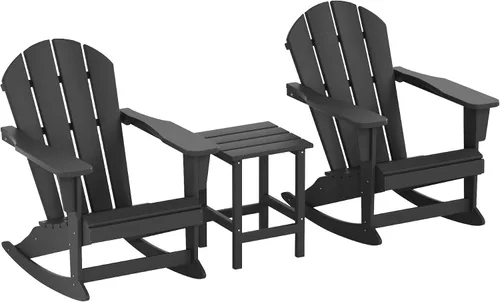 WestinTrends Malibu - Juego de 3 sillas mecedoras Adirondack de polietileno para exteriores y patio con mesa auxiliar (2 plazas), color gris