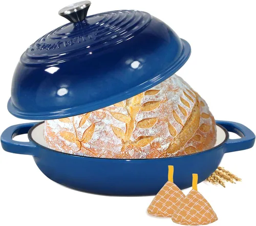 Horno de pan de hierro fundido esmaltado, horno holandés de 6 cuartos de galón para hornear pan de masa madre, kit de sartén esmaltada de 11