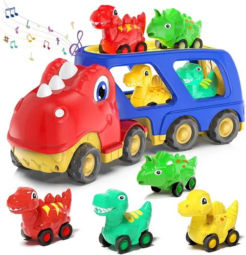 Veslier Auto de juguete para niños de 2, 3, 4, 5 años, camión transportador de dinosaurios con 4 unidades de automóvil pequeño de dinosaurio de