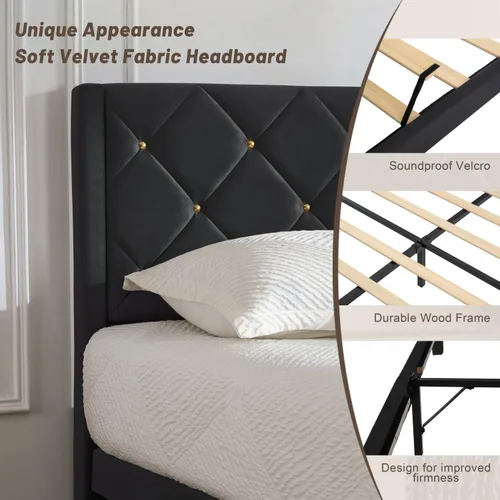 Miniatura 5 de Base de cama de plataforma de tamaño matrimonial con cabecera de terciopelo, soporte de listones de madera resistente, base de colchón, no requiere